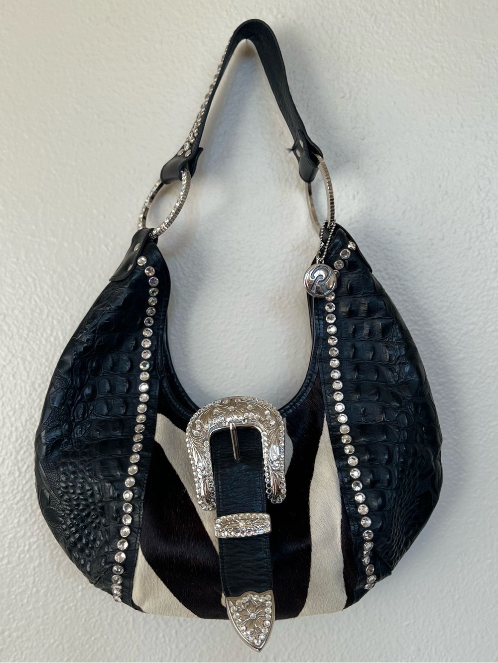 Raviani Croc-Embossed Western Hobo Rodeo Shoulder Bag